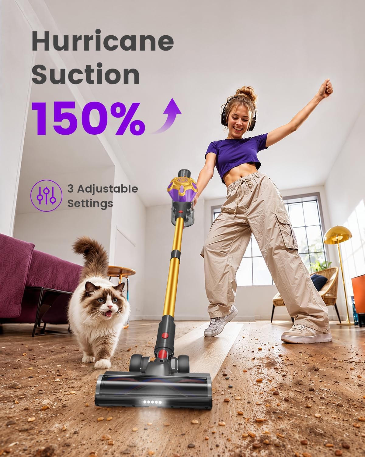 Cordless Vacuum Cleaner, 580W 50Kpa Powerful Stick Vacuum with 65 Mins Runtime,Anti-Tangle, Self-Standing, Rechargeable,Lightweight Vacuum Cleaners for Home Hardwood Floor Carpet Pet