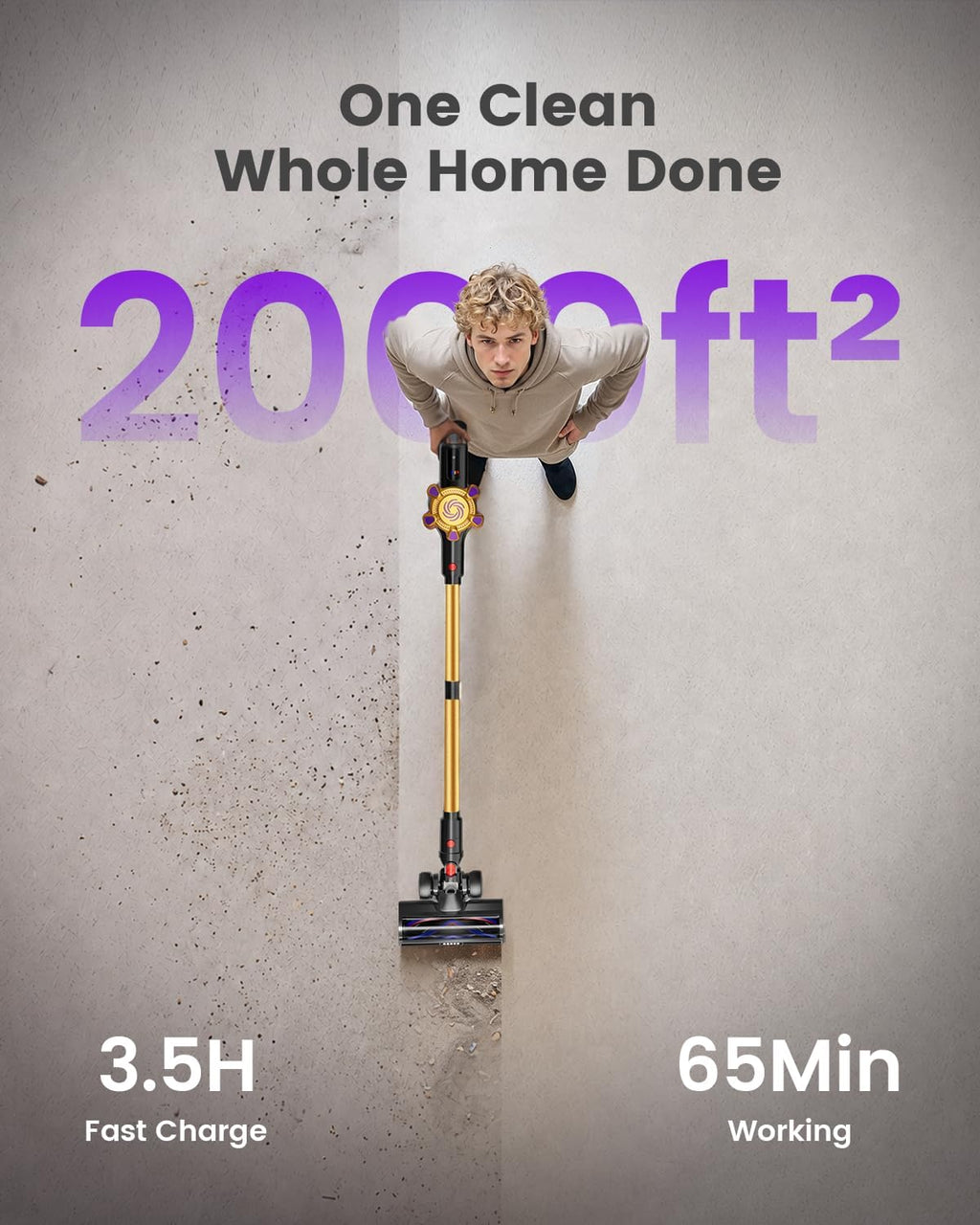 Cordless Vacuum Cleaner, 580W 50Kpa Powerful Stick Vacuum with 65 Mins Runtime,Anti-Tangle, Self-Standing, Rechargeable,Lightweight Vacuum Cleaners for Home Hardwood Floor Carpet Pet